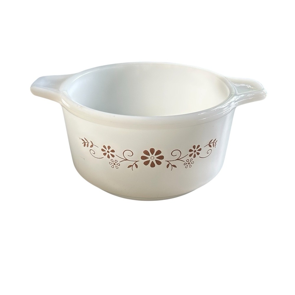 Vintage Pyr-o-Rey Dynaware Milk Glass Brown Daisy Individual‎ Casserole Dish